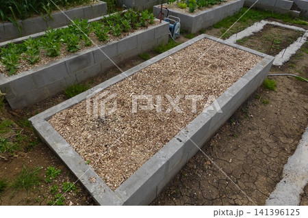 Raised garden bed with wood chips in urban garden Raised garden bed with wood chips in urban garden 141396125