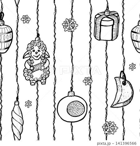 Seamless horizontal pattern, hand drawn with black line, with Christmas toys on an isolated background, perfect for creating decorations for Christmas and the New Year of the Sheep Seamless horizontal pattern, hand drawn with black line, with Christmas toys on an isolated background, perfect for creating decorations for Christmas and the New Year of the Sheep 141396566