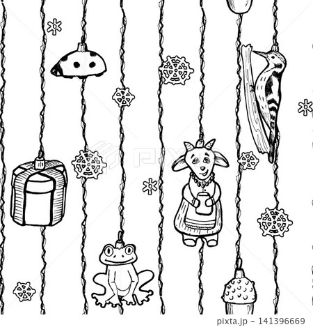 A seamless horizontal pattern, hand-drawn with black line, featuring Christmas toys on an isolated background, perfect for creating decorations for Christmas and the Year of the Goat. A seamless horizontal pattern, hand-drawn with black line, featuring Christmas toys on an isolated background, perfect for creating decorations for Christmas and the Year of the Goat. 141396669