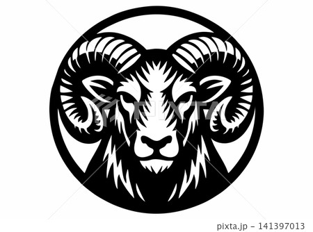 A bold ram's head mascot logo vector, featuring large spiral horns. A bold ram's head mascot logo vector, featuring large spiral horns. 141397013