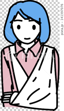 An illustration of an injured person with their arm immobilized in a cast and sling. An illustration of an injured person with their arm immobilized in a cast and sling. 141397076