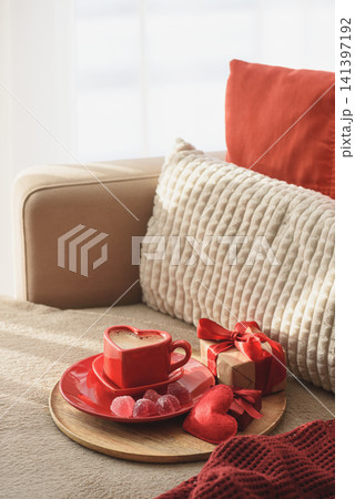 Valentine's Day morning coffee with heart shape and gifts 141397192