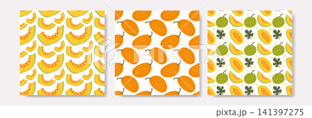 Fresh Melon Fruit Seamless Pattern Set Illustration 141397275