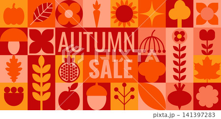 Autumn Sale Horizontal Banner with Abstract Geometric Folk Icons Autumn Sale Horizontal Banner with Abstract Geometric Folk Icons 141397283