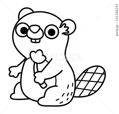 Vector black and white cartoon little beaver nibbling wood log. Line clipart. Cute forest animal child icon for kids. Woodland element, coloring page. Woods wildlife illustration 141398243