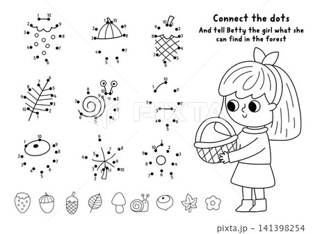 Vector forest dot-to-dot and color activity set with girl explorer and woodland finds. Black and white connect the dots game with berry, acorn, cone, mushroom, leaf, snail and cute kid with basket 141398254