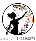 Woman silhouette reaching upward in circle with red flowers and orange swirls showing hope growth and freedom 141398273
