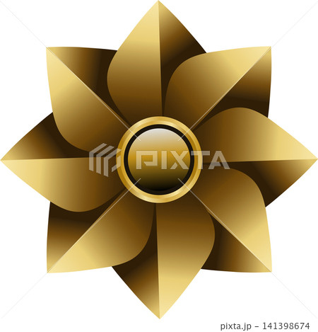 Golden geometric flower emblem design with glossy gradient petals on black surface Golden geometric flower emblem design with glossy gradient petals on black surface 141398674