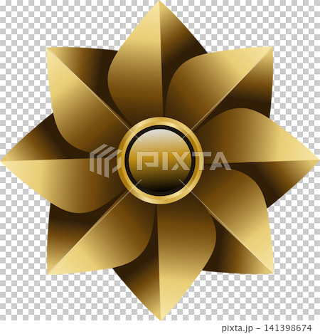 Golden geometric flower emblem design with glossy gradient petals on black surface Golden geometric flower emblem design with glossy gradient petals on black surface 141398674