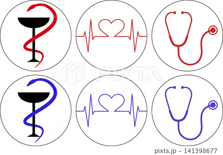 Medical icons set featuring hygieia bowl stethoscope and heartbeat line symbols 141398677