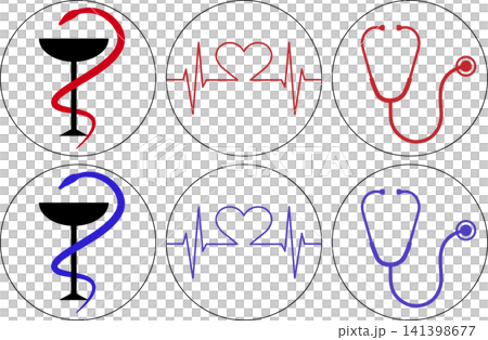 Medical icons set featuring hygieia bowl stethoscope and heartbeat line symbols Medical icons set featuring hygieia bowl stethoscope and heartbeat line symbols 141398677
