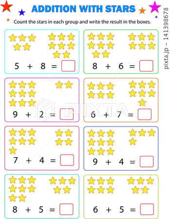 Addition with stars math worksheet template for kids educational activity page 141398678