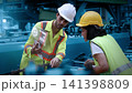 Ai using. Engineers and technicians use AI technology to inspect industrial machinery. Workers using Ai and augmented reality to optimize manufacturing process. Smart factory innovation. Industry tech 141398809