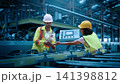 Ai using. Engineers and technicians use AI technology to inspect industrial machinery. Workers using Ai and augmented reality to optimize manufacturing process. Smart factory innovation. Industry tech 141398812