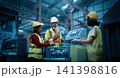 Ai using. Engineers and technicians use AI technology to inspect industrial machinery. Workers using Ai and augmented reality to optimize manufacturing process. Smart factory innovation. Industry tech 141398816