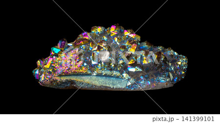 Iridescent Titanium Aura Quartz Crystal Cluster on Black Background Iridescent Titanium Aura Quartz Crystal Cluster on Black Background 141399101