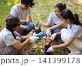 Young adults volunteer planting trees in the park for environmental conservation and sustainable future. Community service, reforestation, nature care and teamwork concept. 141399178