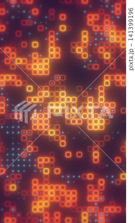 Glowing orange square outlines and small blue dots form a colorful digital grid pattern, suggesting pixels, data, technology, gaming, and virtual systems. Glowing orange square outlines and small blue dots form a colorful digital grid pattern, suggesting pixels, data, technology, gaming, and virtual systems. 141399196