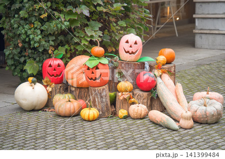 ハロウィンカボチャの秋の飾り付け 141399484