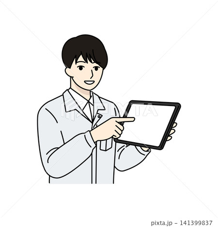 男性作業員 ホワイト作業服 タブレット指差し 男性作業員 ホワイト作業服 タブレット指差し 141399837