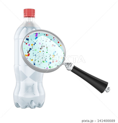 Bottled water with magnifying glass showing microplastic particles. 3D rendering 141400089