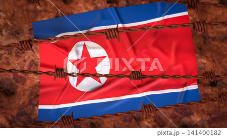 North Korean Flag Behind Rusty Barbed Wire Barrier 3d render. North Korean Flag Behind Rusty Barbed Wire Barrier 3d render. 141400182