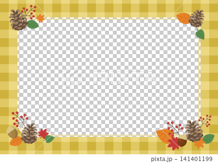 Autumn plants: Yellow checkered frame background with pine cones and autumn leaves; copy space material featuring acorns and red berries. Autumn plants: Yellow checkered frame background with pine cones and autumn leaves; copy space material featuring acorns and red berries. 141401199