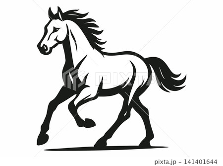 Black-and-white vector illustration of a running horse. 141401644