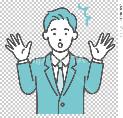 両手を挙げて驚いている、スーツ姿の若い男性のイラスト 両手を挙げて驚いている、スーツ姿の若い男性のイラスト 141401697