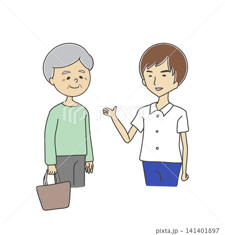 高齢男性に入院案内をする男性看護師のイラスト 高齢男性に入院案内をする男性看護師のイラスト 141401897
