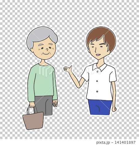 高齢男性に入院案内をする男性看護師のイラスト 高齢男性に入院案内をする男性看護師のイラスト 141401897