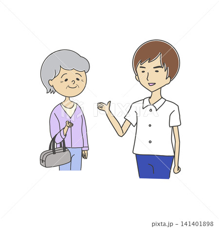 高齢女性に入院案内をする男性看護師のイラスト 高齢女性に入院案内をする男性看護師のイラスト 141401898