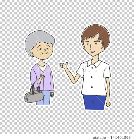 高齢女性に入院案内をする男性看護師のイラスト 高齢女性に入院案内をする男性看護師のイラスト 141401898