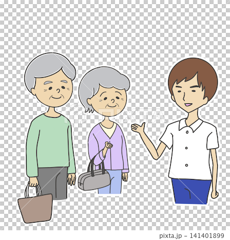 插圖描繪了一位男護士帶領一對老年夫婦參觀他們的病房。 插圖描繪了一位男護士帶領一對老年夫婦參觀他們的病房。 141401899