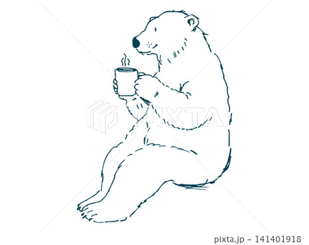 座ってコーヒーをのむ白熊のイラスト(線画) 座ってコーヒーをのむ白熊のイラスト(線画) 141401918