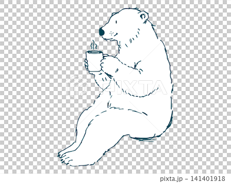 座ってコーヒーをのむ白熊のイラスト(線画) 座ってコーヒーをのむ白熊のイラスト(線画) 141401918