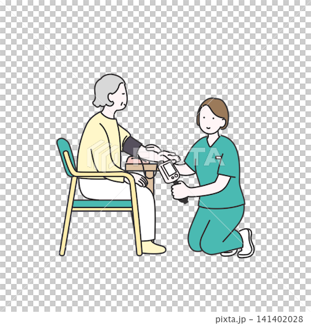 Illustration of a visiting nurse taking the blood pressure of an elderly woman. Illustration of a visiting nurse taking the blood pressure of an elderly woman. 141402028