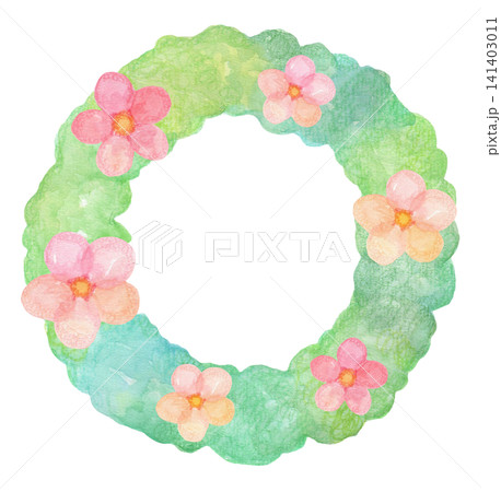 水彩で描いたピンクのお花のリース 141403011