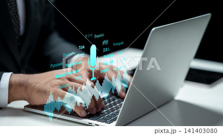 A professional businessman typing on a laptop computer with an overlay of a digital microphone icon and sound wave visualization, representing AI-powered voice recognition and translation technology A professional businessman typing on a laptop computer with an overlay of a digital microphone icon and sound wave visualization, representing AI-powered voice recognition and translation technology 141403080