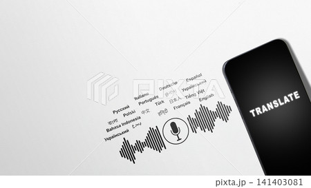 A conceptual top-down view of a smartphone displaying a translation interface with a microphone icon, sound waves, and a list of international languages, symbolizing global communication 141403081