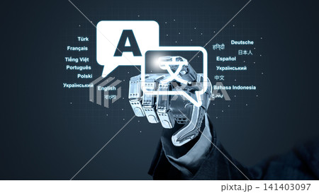 A robotic hand interacting with translation speech bubbles and multilingual text, representing AI machine translation 141403097