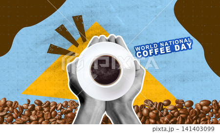 A creative mixed-media collage illustration for World National Coffee Day featuring hands holding a cup of hot black coffee, coffee beans, and retro abstract geometric elements A creative mixed-media collage illustration for World National Coffee Day featuring hands holding a cup of hot black coffee, coffee beans, and retro abstract geometric elements 141403099