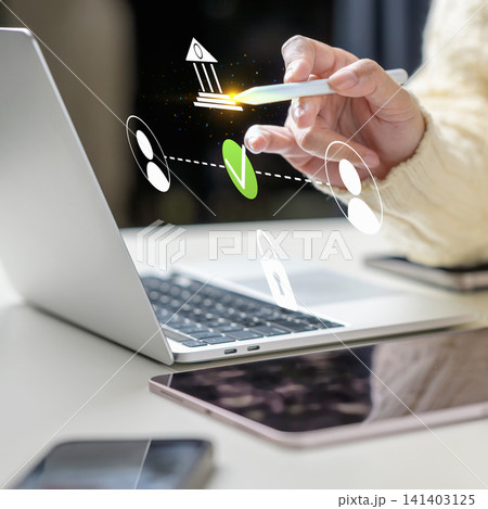 A person uses a digital stylus on a virtual interface showing user profiles, a checkmark, and a security lock, representing digital verification, authentication, and secure online transactions A person uses a digital stylus on a virtual interface showing user profiles, a checkmark, and a security lock, representing digital verification, authentication, and secure online transactions 141403125