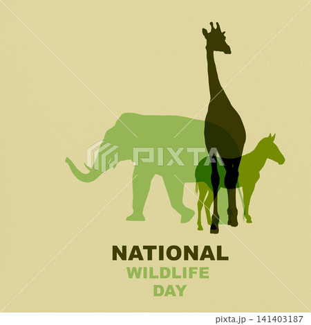 A minimalist National Wildlife Day Poster, featuring overlapping silhouettes of an elephant, giraffe, and zebra in green and brown tones A minimalist National Wildlife Day Poster, featuring overlapping silhouettes of an elephant, giraffe, and zebra in green and brown tones 141403187