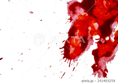Abstract red paint or blood splattered on a clean white surface, ideal for horror, medical, or crime concepts. Horror or Halloween background 141403259