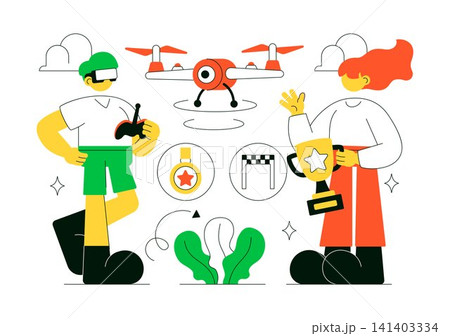 FPV Drone Racing Vector Illustration Featuring First Person View Drone Competition, Remote Control Racing, Flying Technology, and Esports 141403334