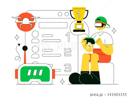 FPV Drone Racing Vector Illustration Featuring First Person View Drone Competition, Remote Control Racing, Flying Technology, and Esports 141403335