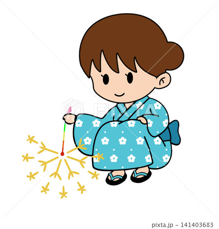 ターコイズブルーの花柄浴衣で線香花火をする女の子のイラスト 青 ターコイズブルーの花柄浴衣で線香花火をする女の子のイラスト 青 141403683