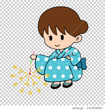 ターコイズブルーの花柄浴衣で線香花火をする女の子のイラスト 青 ターコイズブルーの花柄浴衣で線香花火をする女の子のイラスト 青 141403683