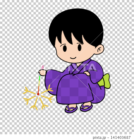 紫の市松模様の浴衣で線香花火をする男の子のイラスト 紫の市松模様の浴衣で線香花火をする男の子のイラスト 141403687